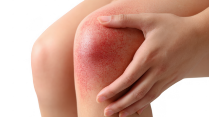 Woman experiencing discomfort from allergies or skin disease, gently touching a red rash on her leg behind the knee, isolated against a transparent background