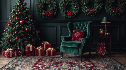 Christmas room with dark green walls, a festive tree, and a plush armchair