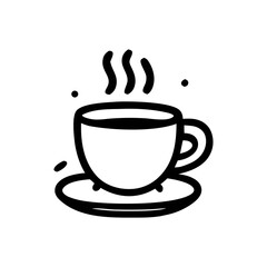 A steaming cup of coffee rests on a saucer, depicted in a simple, bold line art style.