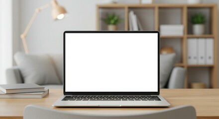 Fototapeta premium A laptop with a blank screen sits on a wooden desk in a bright, modern office setting.