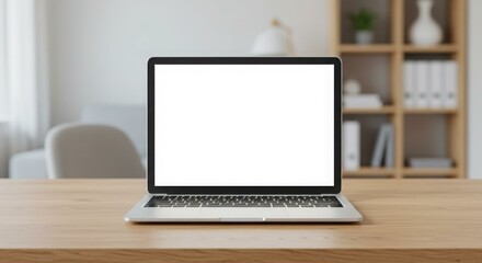 Laptop computer with a blank white screen on a wooden desk in a bright, modern room.