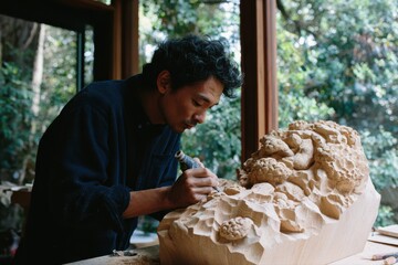 A craftsman focused on carving a detailed wood sculpture using tools in a workshop setting. Wood shavings scattered on the workbench.