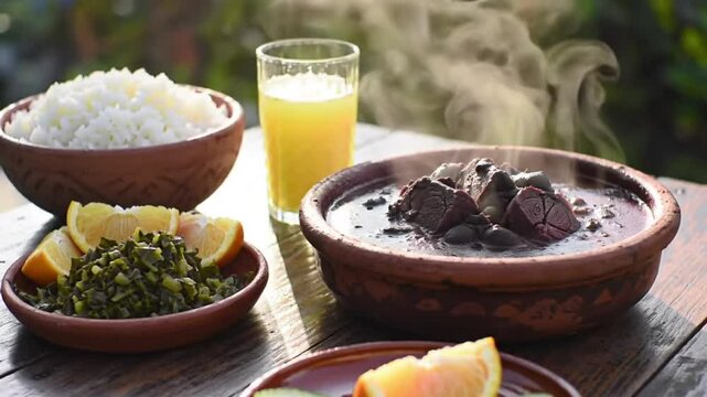 A table setting with feijoada rice juice and greens with lemon