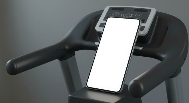 Smartphone rests on a modern treadmill console, ready for fitness tracking or entertainment during a workout.