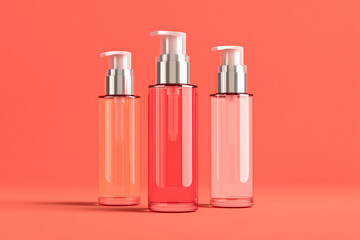 Cosmetic bottles with dispenser on coral background