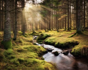 Obraz premium Sunlight streams through a tranquil forest.