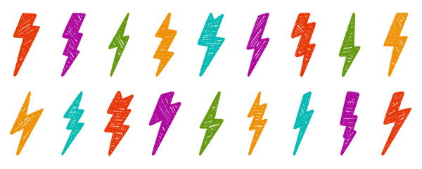Crayon thunder doodle set. Chalk pencil lightning in sketch style. Hand drawn vector illustration isolated on white background.