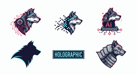 Six futuristic wolf head logos with digital or robotic themes isolated on a white background