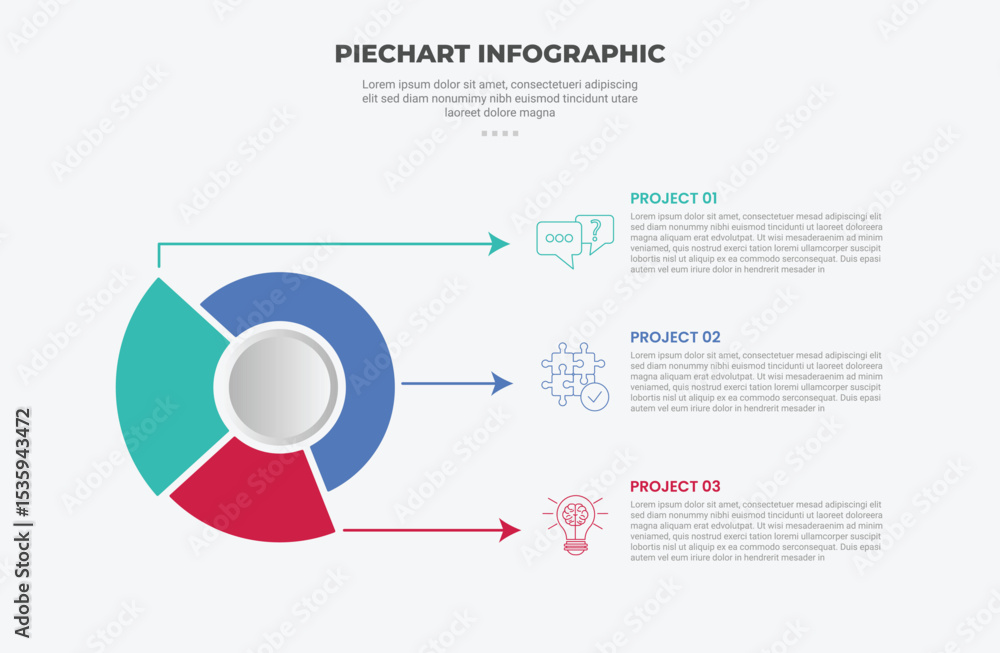 Poster pie chart infographic outline style with 3 point template with unbalance slice cut with horizontal a