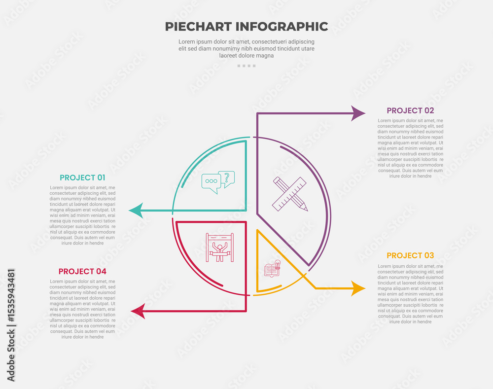 Aufkleber pie chart infographic outline style with 4 point template with full circle with line arrow pointer o