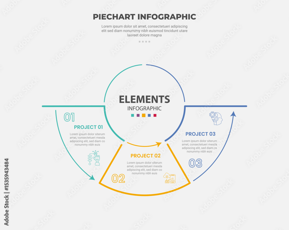 Aufkleber pie chart infographic outline style with 3 point template with half circle on bottom with line segme