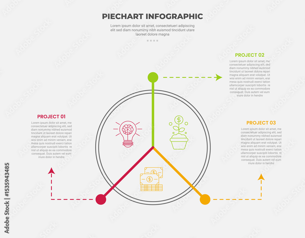 Poster pie chart infographic outline style with 3 point template with big thick circle with balance line se