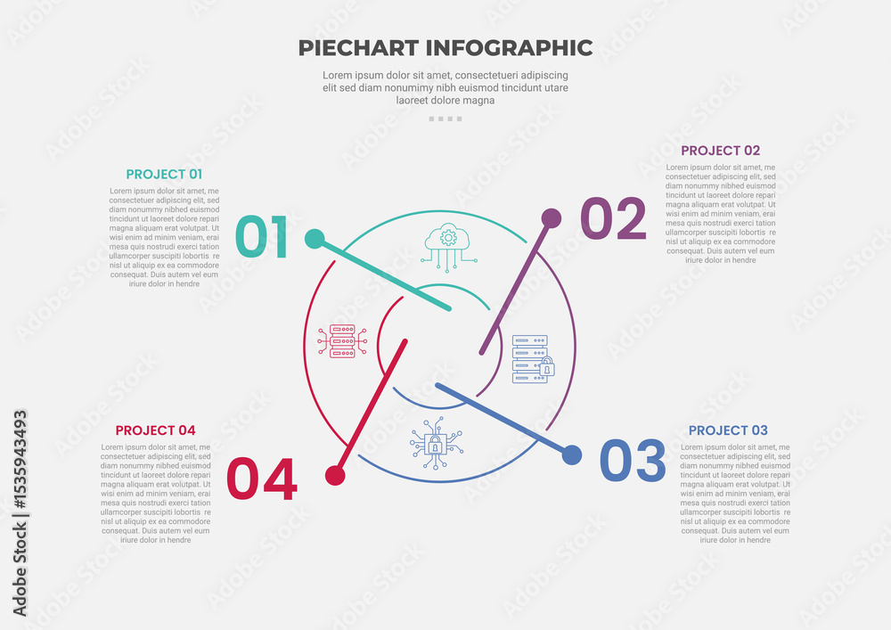 Poster pie chart infographic outline style with 4 point template with outline circle and line separator unb