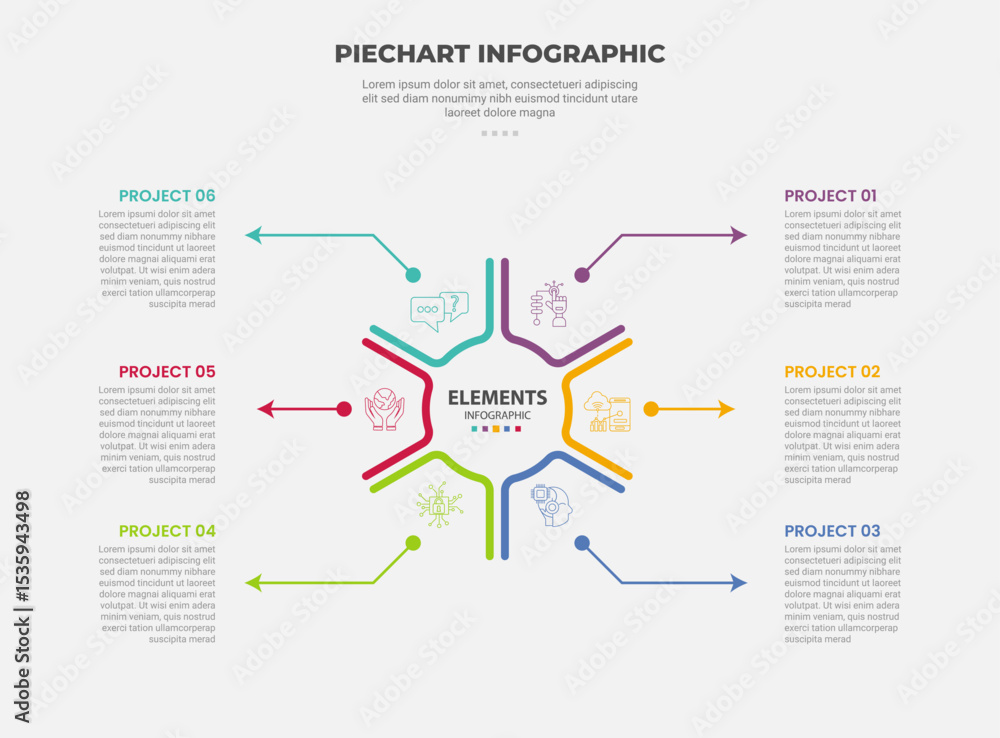 Aufkleber pie chart infographic outline style with 6 point template with hexagonal base with dot line pointer 