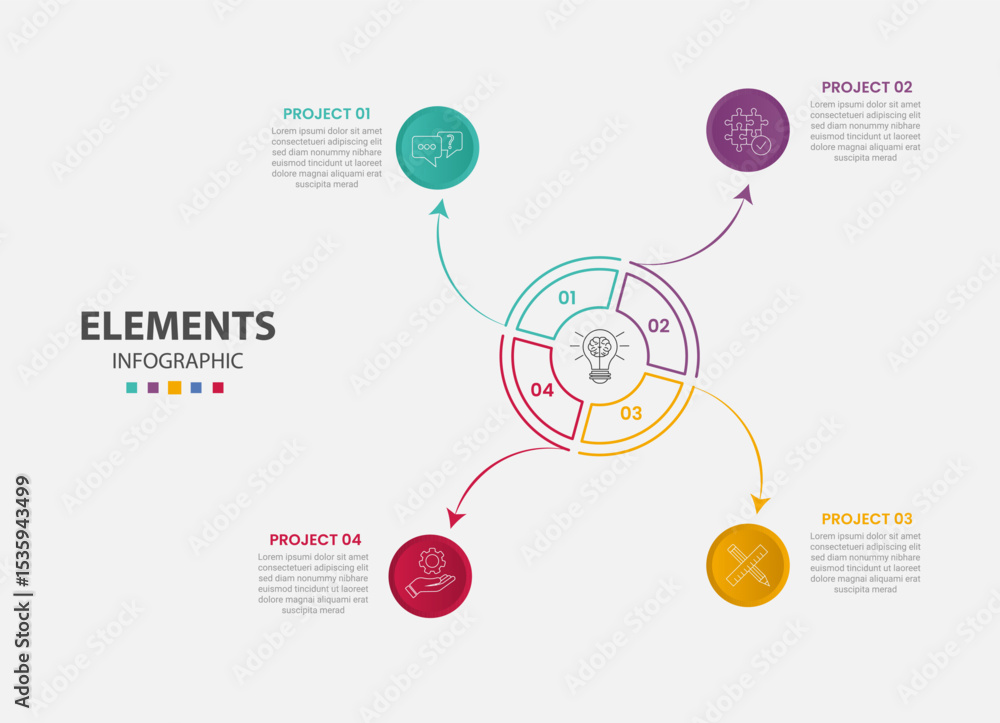 Aufkleber pie chart infographic outline style with 4 point template with big circle line arrow pointer from se