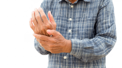 Close up of elderly man's hands gently massaging his painful wrist, providing relief from joint discomfort, isolated on a transparent background