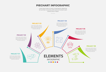pie chart infographic outline style with 6 point template with half circle with sharp swing line circular for slide presentation