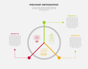pie chart infographic outline style with 3 point template with big thick circle with balance line segment equally for slide presentation