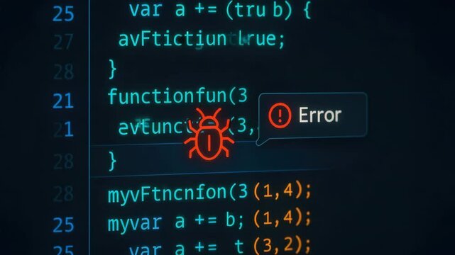 Computer programming error alert on screen with engineering code debugging and bug icon representing software development challenge