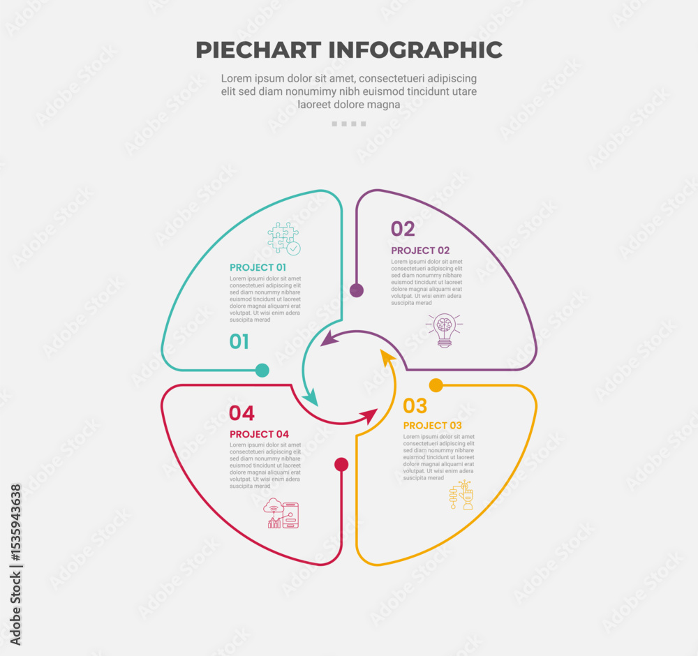 Aufkleber pie chart infographic outline style with 4 point template with big circle slice with arrow line circ