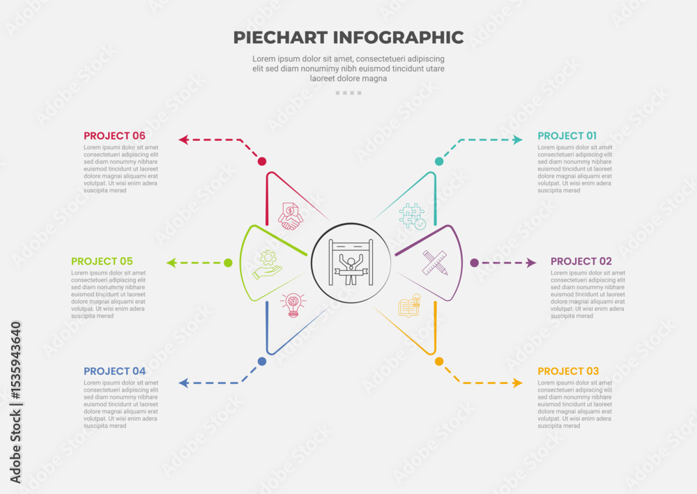 Poster pie chart infographic outline style with 6 point template with creative circle center and dotted arr