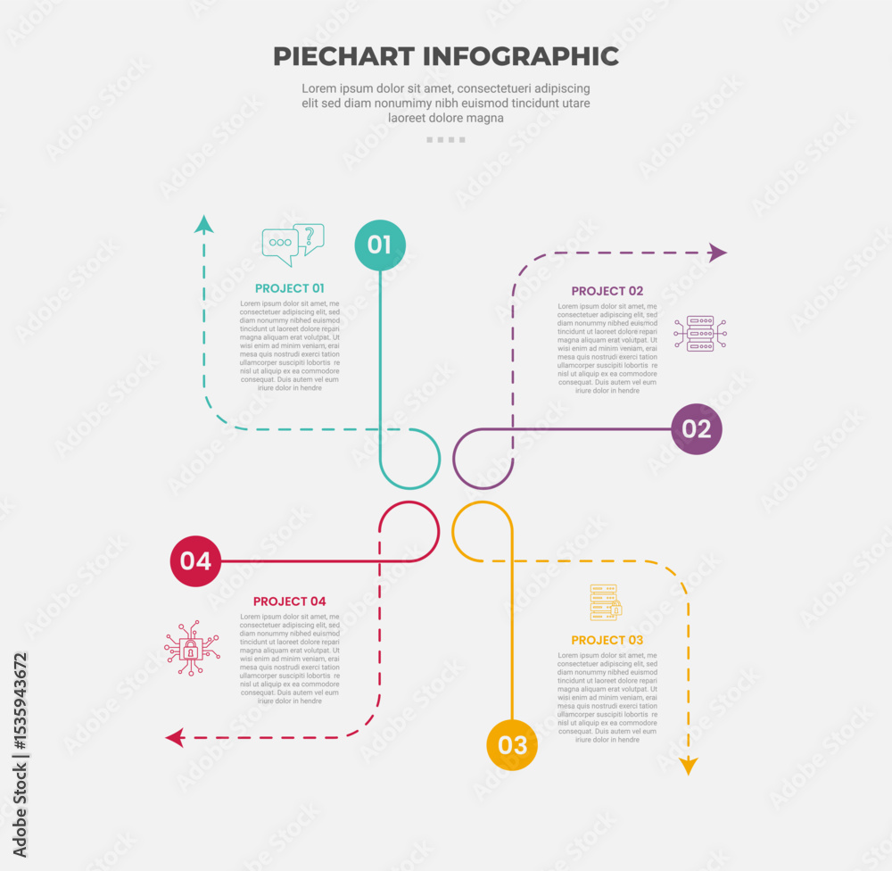 Aufkleber pie chart infographic outline style with 4 point template with creative line combination on balance 