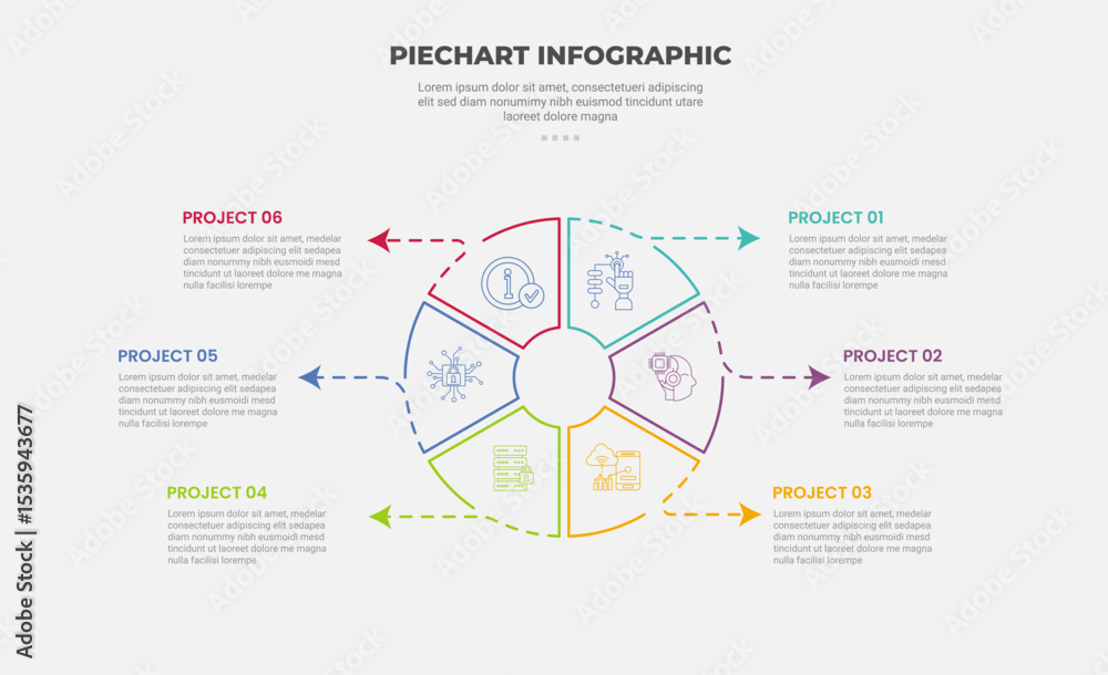 Aufkleber pie chart infographic outline style with 6 point template with big circle slice with arrow line poin