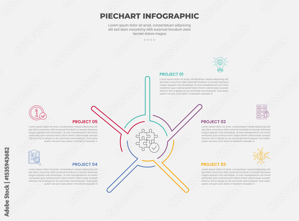 Poster pie chart infographic outline style with 5 point template with long round line with cycle circular d