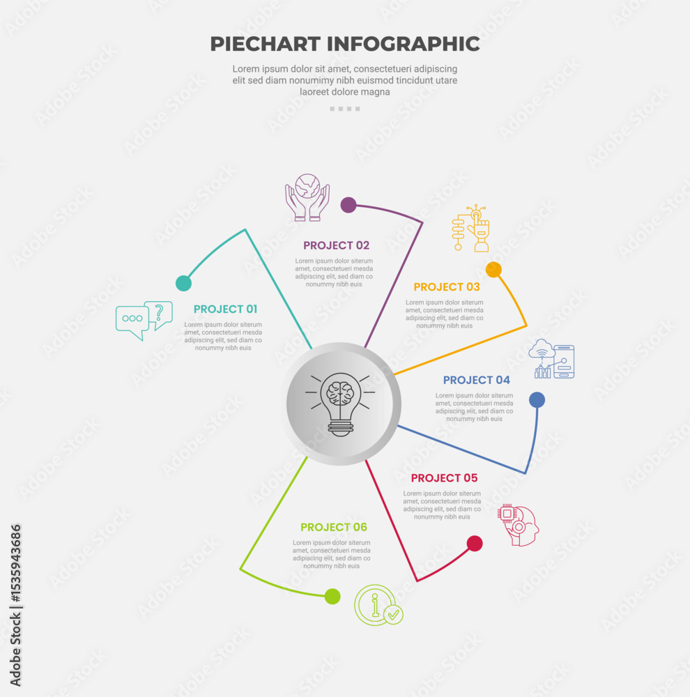 Aufkleber pie chart infographic outline style with 6 point template with long curve line on circle circular di