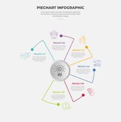 pie chart infographic outline style with 6 point template with long curve line on circle circular direction with dot edge for slide presentation
