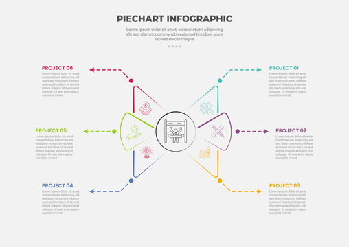 pie chart infographic outline style with 6 point template with creative circle center and dotted arrow line pointer for slide presentation