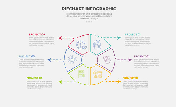 pie chart infographic outline style with 6 point template with big circle slice with arrow line pointer connection for slide presentation
