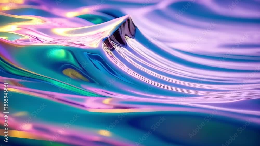 Poster abstract iridescent liquid with wavy surface and luminous reflections creating a futuristic, metalli