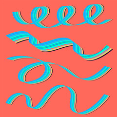 Obraz premium Colorful Wavy Ribbon Elements for Graphic Design. Vibrant Striped Ribbon Set on Coral Background. Decorative Twisted Ribbons with Retro Color Palette 