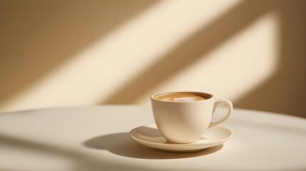 White cup of coffee with latte art on a matching saucer, bathed in soft light and shadows.