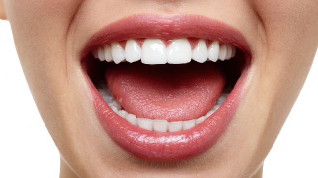 Close up of a female mouth showing perfect white teeth and tongue, isolated on transparent background, ideal for dental and beauty concepts - Powered by Adobe