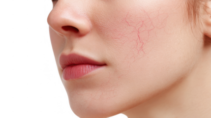 Close up of a woman's face highlighting broken capillaries on her cheek, a common skin concern, against a transparent background, ideal for beauty, health, and skincare projects