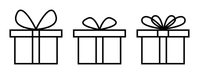 Set of gift box icons. Collection of present packages shapes with ribbon bows isolated on white background. Surprise, prize or bonus concept. Editable stroke. Vector outline illustration.