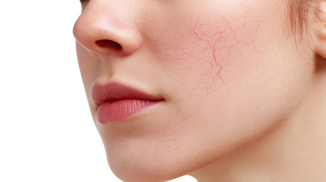 Close up of a woman's face highlighting broken capillaries on her cheek, a common skin concern, against a transparent background, ideal for beauty, health, and skincare projects