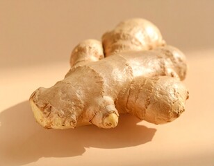 Whole Ginger Root on a Rustic Wooden Table in Sunlight