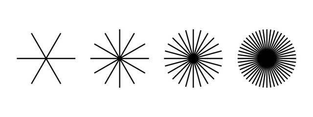 Set of straight radial lines shapes. Collection of sun rays icons isolated on white background. Radiance, explosion, snowflake or firework symbols. Vector graphic illustration.