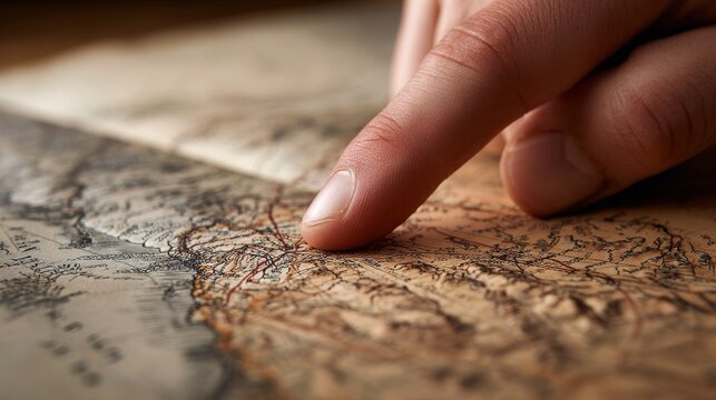 Finger tracing route on vintage adventure map