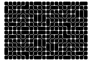 Circuit pattern. Black metaballs or connected rounded square shapes isolated on white background. Organic blobs, neurons or molecules texture. Modern abstract print. Vector graphic illustration.