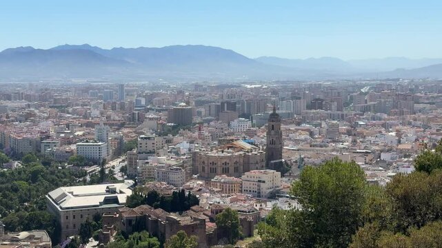Malaga, Spain - aerial view of Malaga city and beach from Alcazaba, view of cathedral in the background