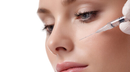 Doctor performing cosmetic injection on female patient's face, using a syringe with filler for facial rejuvenation, isolated on transparent background