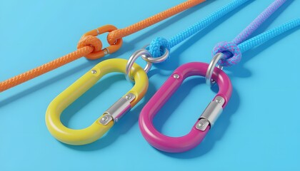 3D Render A Closeup of Two Colorful Carabiners Connected by Ropes on a Blue Background. 