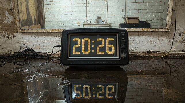Clock reflecting in flooded room