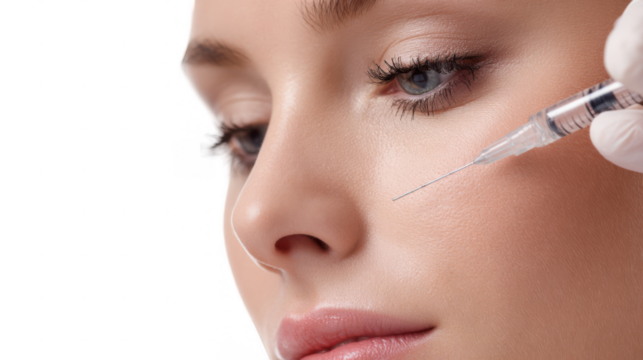 Doctor performing cosmetic injection on female patient's face, using a syringe with filler for facial rejuvenation, isolated on transparent background - Powered by Adobe