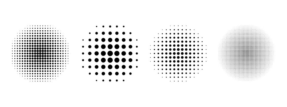 Set of dotted circles with halftone effect. Collection of round shapes with polka dot pattern isolated on white background. Simple design elements. Vector graphic illustration.