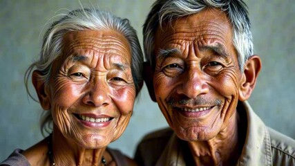 Asian elderly couple smiling happily looking at camera with gray hair and wrinkled faces showing love and joy together. Concept of senior care, healthcare, retirement. - Powered by Adobe